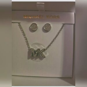 Michael Kors Silver-Tone Brass Logo Necklace and Earrings Set ++New in box++